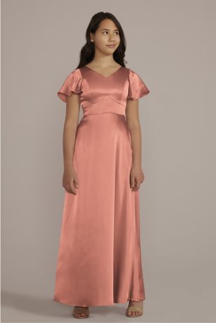 Square Neck Flutter Sleeves Junior Bridesmaid Dresses With Slit Gold
